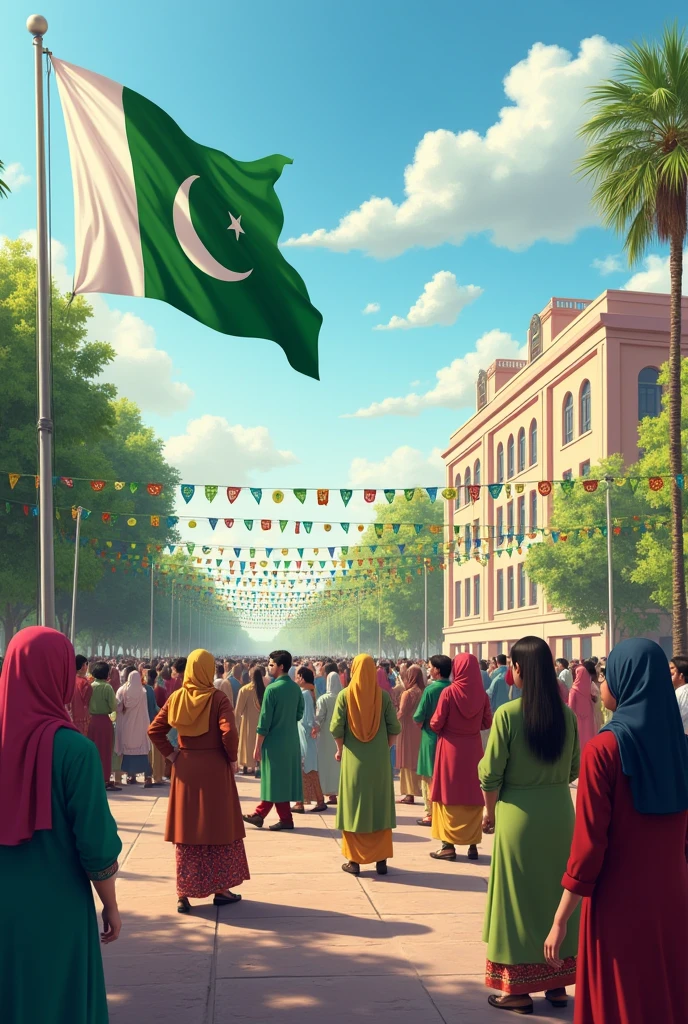 elp me generate a image with Pakistani flag in the background and write 14th August celebration at The City Degree College for Girls