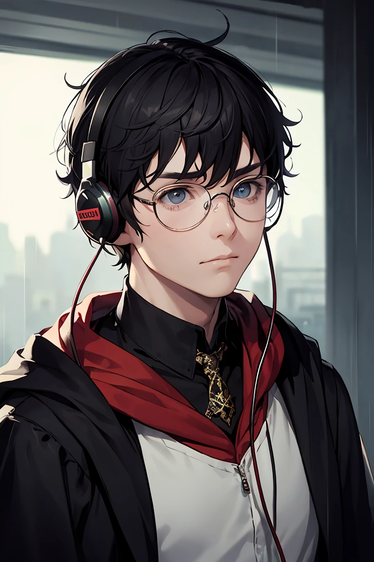Create an image of a male person, who wears harry potter style glasses, wearing headphones and looking very sad on a rainy day