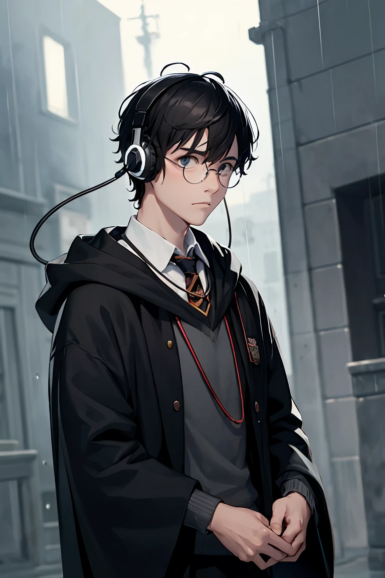 Create an image of a male person, who wears harry potter style glasses, wearing headphones and looking very sad on a rainy day