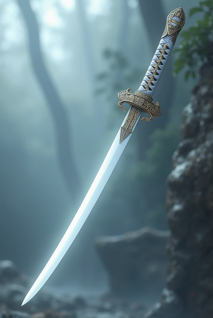 Sharp skinny Katana with solid white blade with cool unique hilt
