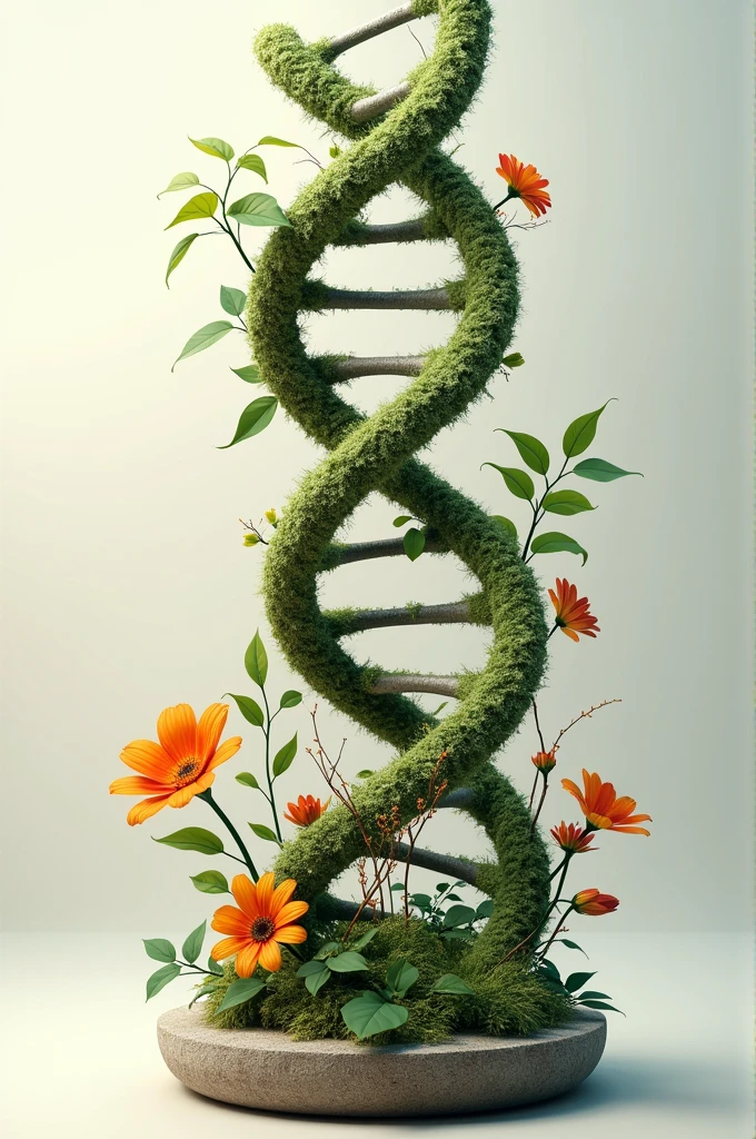 A DNA structure with some leafs and flowers in it, in a locup shape which has been broken