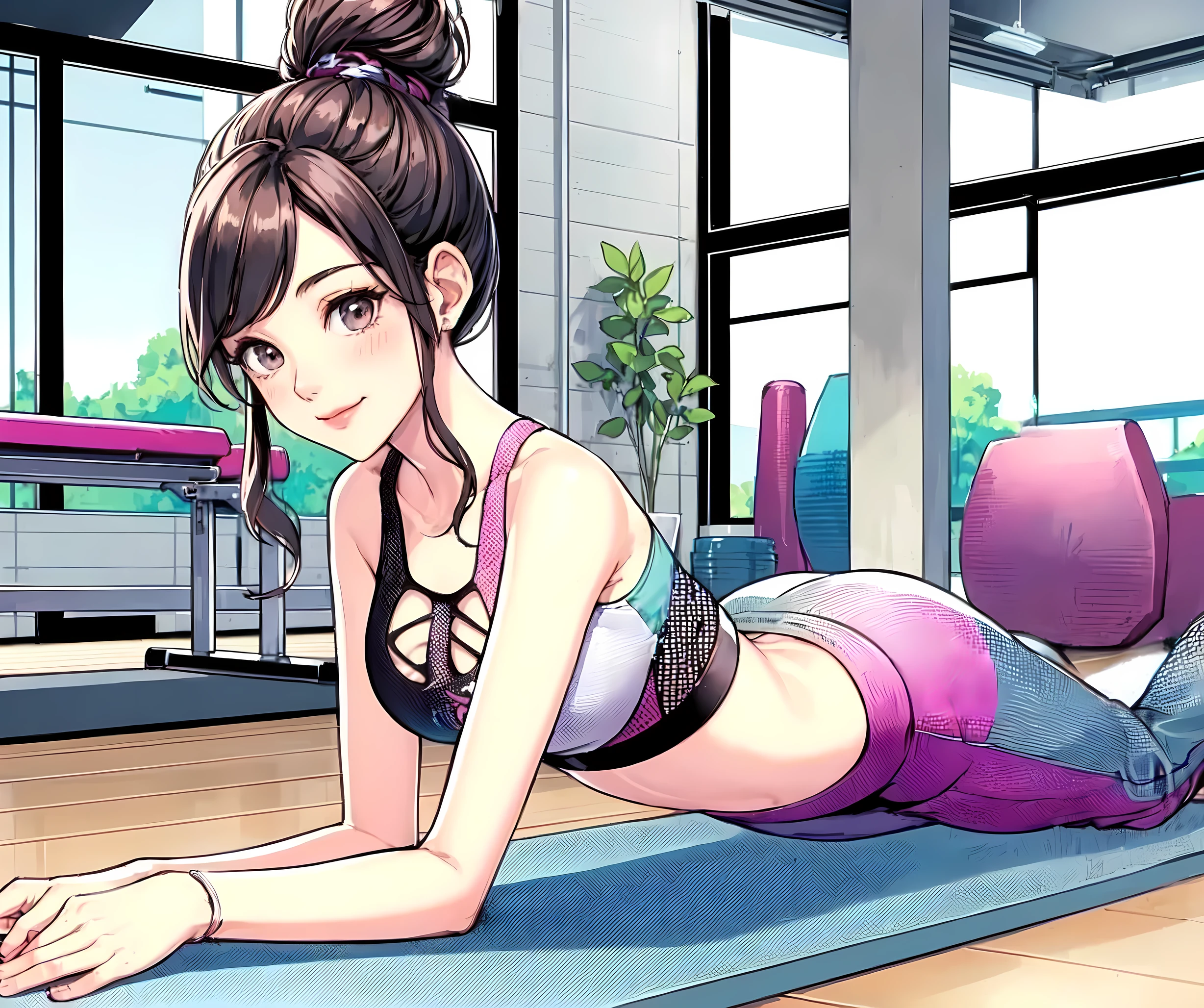 1lady solo, (stretching on yoga mat:1.2) (lying face down), (stylish gym outfit) (cropped top) (yoga pants), mature female, /(dark brown hair/) bangs, blush kind smile, (masterpiece best quality:1.2) delicate illustration ultra-detailed, large breasts BREAK (fitness gym) indoors, various fitness equipment, energetic, detailed background