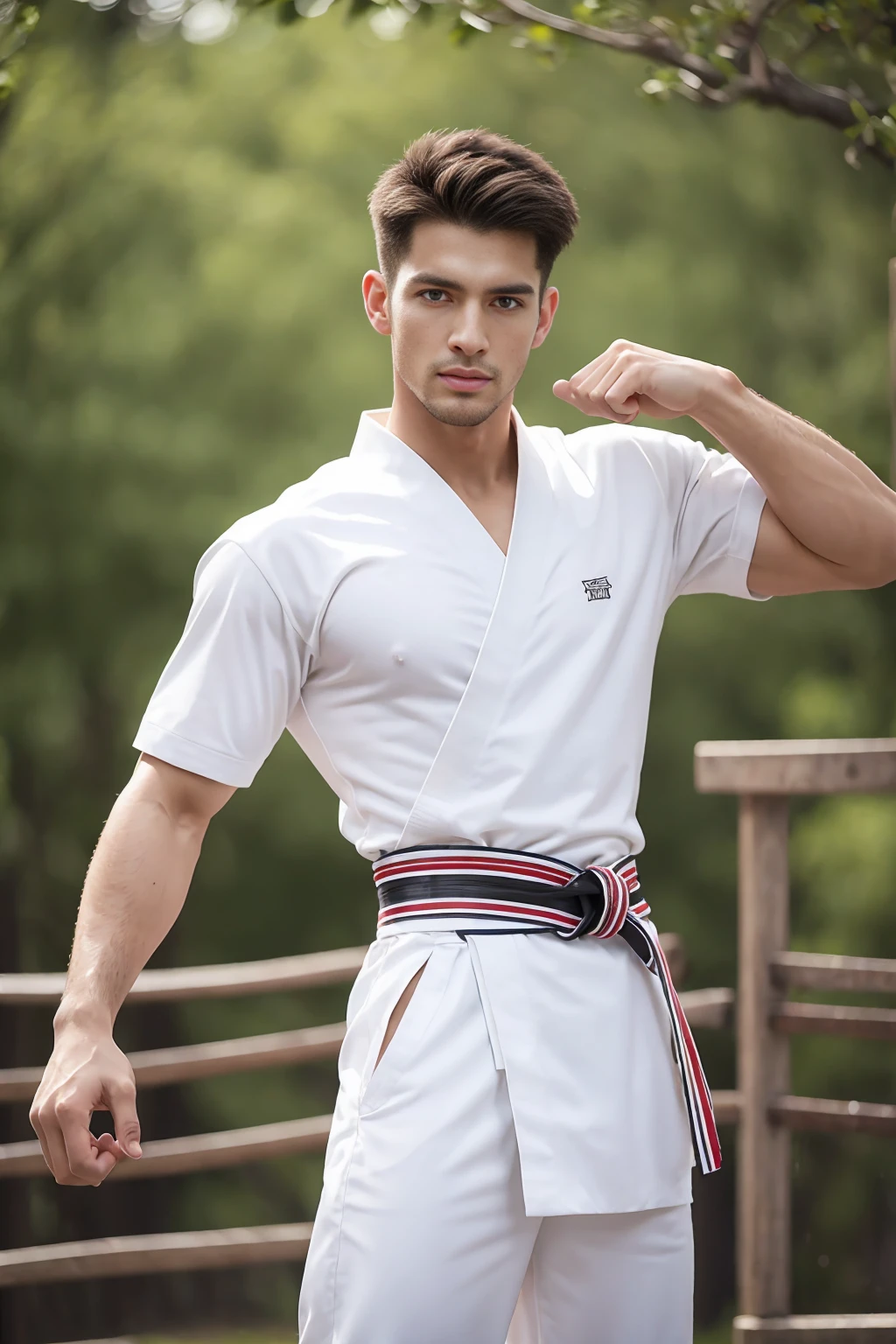 a picture, a handsome, Full body portrait of an attractive man, 8K, musculature, beautiful faces detailed, cool expression, muscular long legs,, bare-legged, Detailed muscular physique, a picture, (masterpiece, top-quality, top-quality, Official art), Stick out your fist, Large and dynamic movements, Photorealistic depiction,20yr old, Toned waist, White Karate Uniform, Karate Belt, White karate pants, Accurate depiction of details, Perfect skeleton, Look straight at your audience, sharp gaze