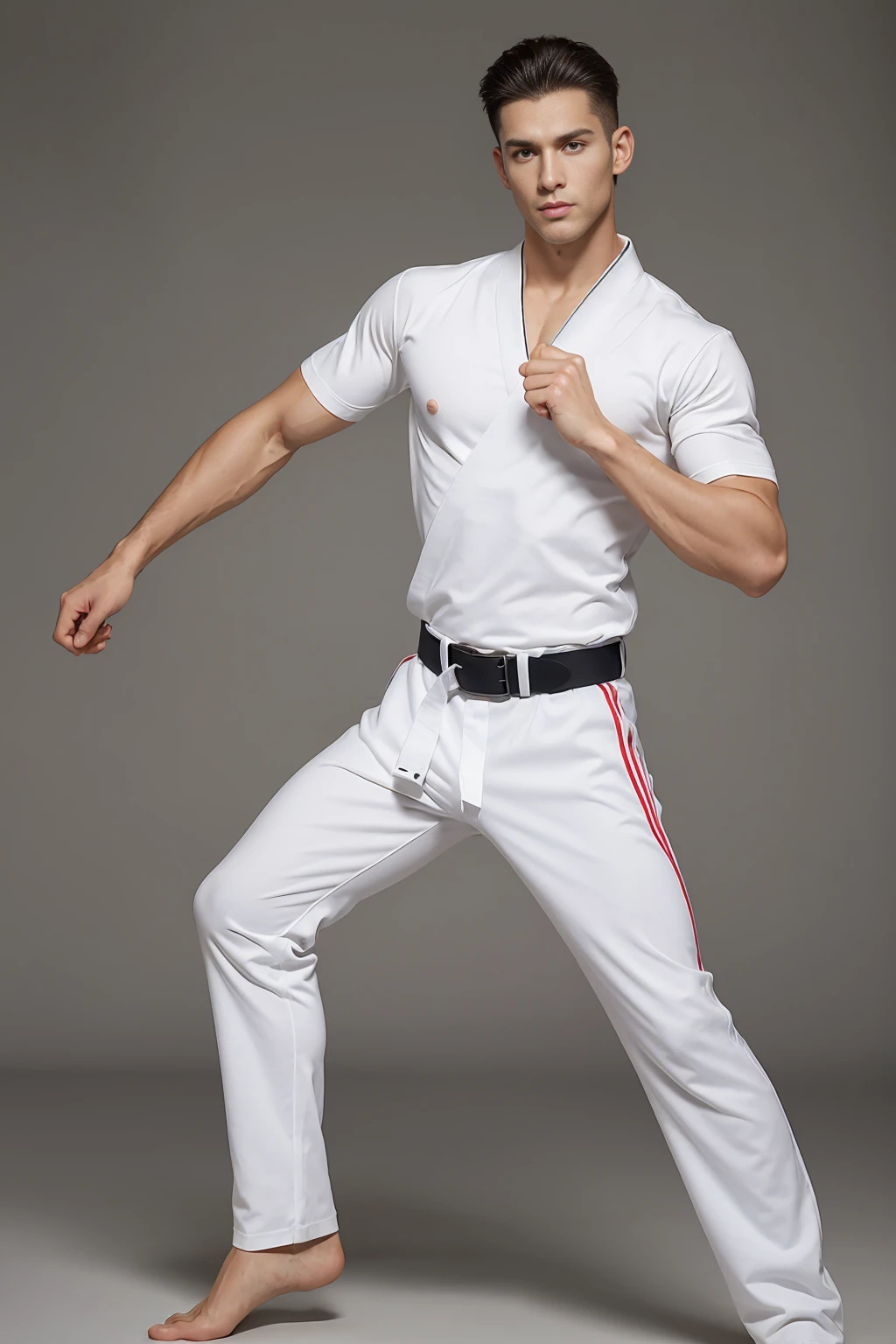 a picture, a handsome, Full body portrait of an attractive man, 8K, musculature, beautiful faces detailed, cool expression, muscular long legs,, bare-legged, Detailed muscular physique, a picture, (masterpiece, top-quality, top-quality, Official art), Stick out your fist, Large and dynamic movements, Photorealistic depiction,20yr old, Toned waist, White Karate Uniform, Karate Belt, White karate pants, Accurate depiction of details, Perfect skeleton, Look straight at your audience, sharp gaze
