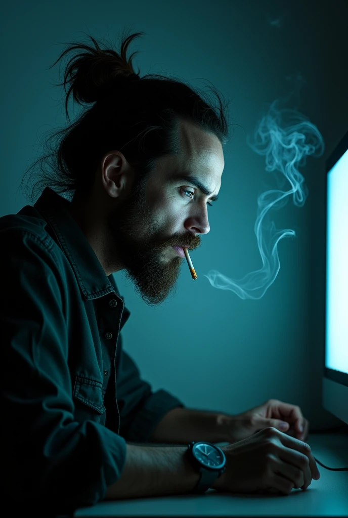 Ugly man with tied hair smoking in front of the computer
