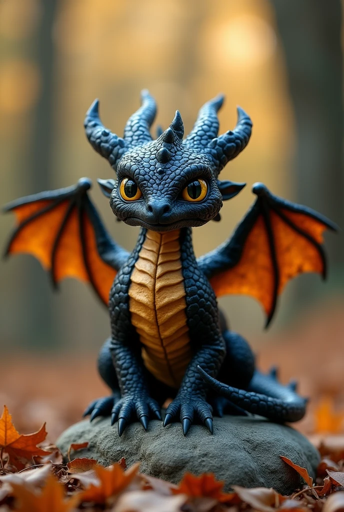 The image shows a small black dragon sitting on a rock covered in dry leaves. Its body is covered in black and gold scales, with intricate details that give it a robust and textured appearance. Its wings are folded at its sides, revealing the inner part that is lighter. It has bright, piercing yellow eyes that stare directly at the camera. Behind the dragon, The background is blurry, with trees and leaves suggesting a woodland and autumnal environment. The atmosphere is calm and magical, highlighting the dragon's beauty and detail.