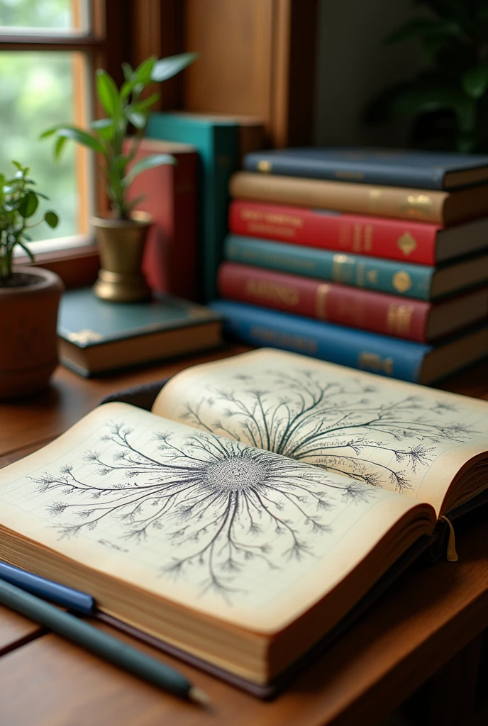 physic math biology and chemistry books on table, open copybook with mindmap