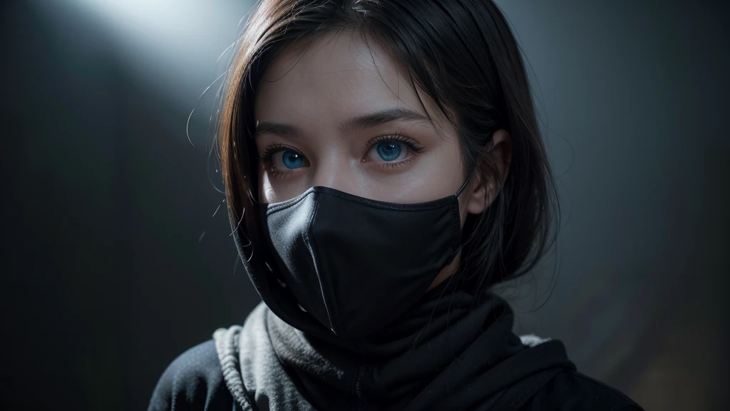 One woman, approximately 25 years old, lightweight black clothing, wearing a prominently visible balaclava. She has striking blue eyes, adding to the atmosphere. The woman is depicted from the waist up, in random, beautiful locations and in various natural poses. Her face and other visible parts of her body are rendered with maximum detail and high quality. The background and her pose are randomly generated, creating a unique and unpredictable scene with a sense of mystery and solitude. The image features soft, diffused lighting and a shallow depth of field, enhancing the overall mood.