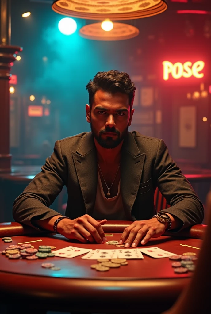 Retro bar，(best quality, high resolution, HDR, Practical), Bright colors, Extremely detailed description, (Concept Artist), a handsome Indian guy，Fierce competition，Dramatic visuals，an antique Indian wooden table，The impact of the background，Paper money coins chips，vintage poker coins, Smoky room, Dim Lights, Happy expression, Focused competition，(portrait:1.1) ，