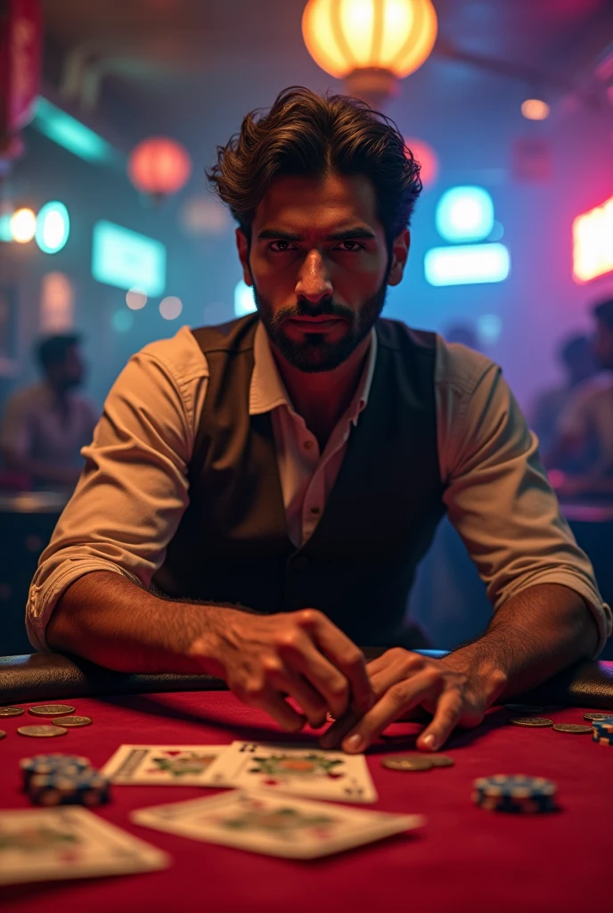 Retro bar,(best quality, high resolution, HDR, Practical), Bright colors, Extremely detailed description, (Concept Artist), a handsome Indian guy,Fierce competition,Dramatic visuals,an antique Indian wooden table,The impact of the background,Paper money coins chips,vintage poker coins, Smoky room, Dim Lights, Happy expression, Focused competition,(portrait:1.1) ,