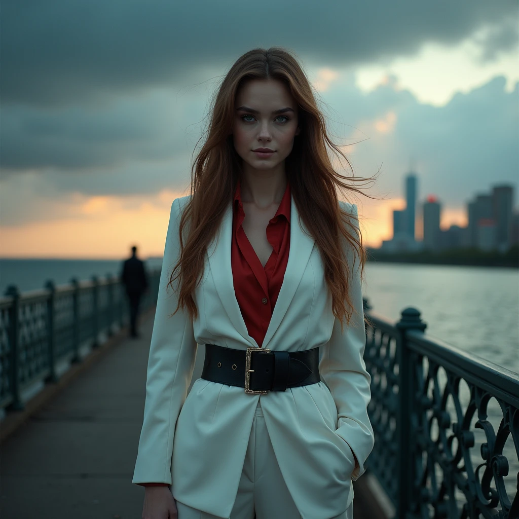 Very beautiful Slavic woman, pale skin, long light brown hair, A Necromancer, light shadow effects, white trouser suit without unnecessary details, Red blouse, black wide leather belt, photo, crap, sun glare, Against the background of a metal bridge near the shore, water, The city, sun, sundown, Low storm clouds, indigo, photo, slight smile, body complet, sharp-focus, dynamic sexy pose, professional photograph the photo was shot on a Sony Alpha a7R IV camera and a Sony FE 85mm f/1.8 lens, aperture f/1.8, shutter speed 1/125s, ISO 800. swirling bokeh, sharp-focus, high skin detail, sharpness, Character portrait, perfect lighting, tmasterpiece, Detailed background, Movie Lighting, 8k