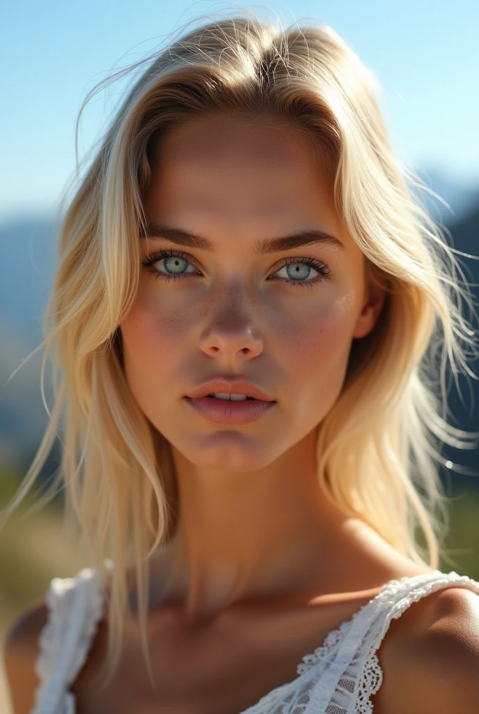 Belle fille européenne aux blue eye et aux cheveux blonds, On the mountain, dress lightly but not too lightly., sunny , photo par devant, ultra high resolution, (Photorealistic: 1.4), high resolution , (finely detailed skin), (blue eye), (Des proportions parfaites) (Realistic photos) (head of&#39;artwork) (Photorealistic), Ultrarealistic (best quality) (detailed) Photographié avec un Canon EOS R5, objectif 50 mm, F/2.8, (8k) (Background&#39;screen) (Cinematic lighting) (Dramatic lighting) (complexe) vogue. pour instagram