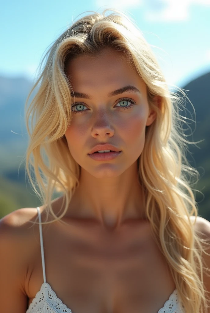 Belle fille européenne aux blue eye et aux cheveux blonds, On the mountain, dress lightly but not too lightly., sunny , photo par devant, ultra high resolution, (Photorealistic: 1.4), high resolution , (finely detailed skin), (blue eye), (Des proportions parfaites) (Realistic photos) (head of'artwork) (Photorealistic), Ultrarealistic (best quality) (detailed) Photographié avec un Canon EOS R5, objectif 50 mm, F/2.8, (8k) (Background'screen) (Cinematic lighting) (Dramatic lighting) (complexe) vogue. pour instagram