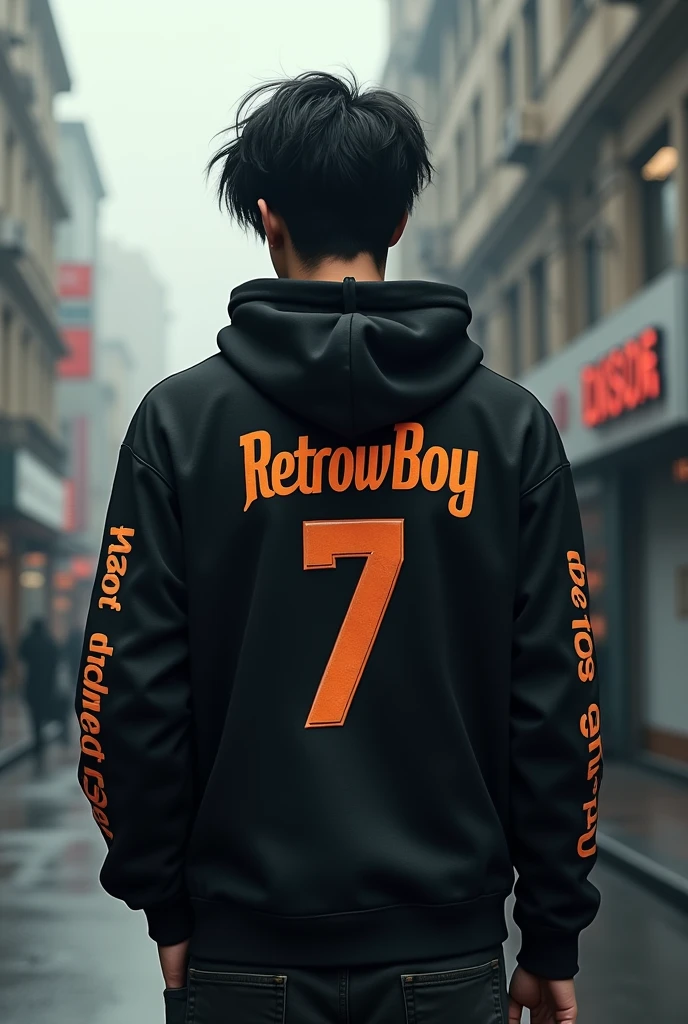 A young man with his back turned, wearing a black hoodie and a long-sleeved shirt with 'RetrowBoy' written on it and the number 7 below, and 'ultimate' written on the sleeves.
