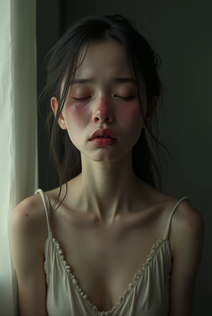 Ultra-thin girl crying, realist