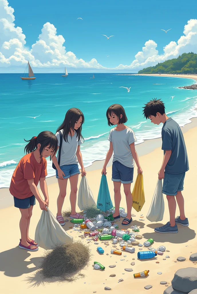4 students collecting rabbish in the beach

