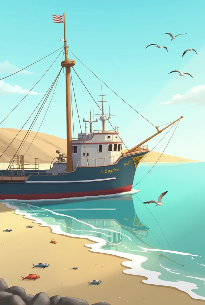 { "size": "1024x1024", "prompt": "A fishing ship waiting along dock on the beach. side view, a simply decorated deck and cabin. anime style, with fish jumping above water, gull hover over ship." }