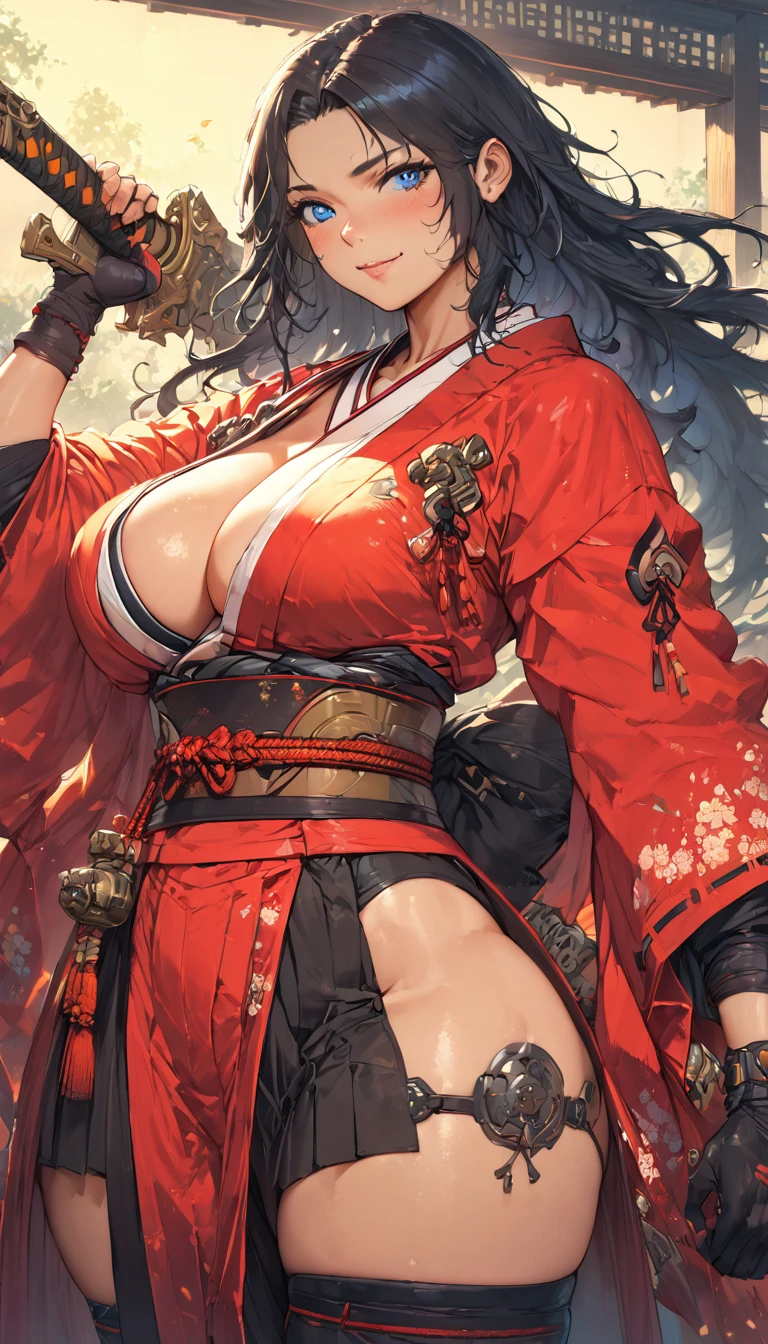 best quality,4k,8k,highres,masterpiece:1.2),ultra-detailed, extremely detailed eyes, extremely detailed body, (large masterpiece digital art), (detailed manga illustration), (detailed line art), ((perfect anatomy)), (intricate details:1.3), (ultra-detailed:1.3), (illustration:1.3), (sharp focus:1.3), (natural lighting:1.05), (vivid colors:1.3), (masterpiece), (best quality:1.4), (perfect anatomy:1.4), high quality, expressive eyes, full body, detailed face, beautiful face, perfect face, 1 girl, breasts, cleavage, gloves, large breasts, Japanese clothes, jacket, (underboob), robe, sash, belt pouchs, very long hair, thigh length hair, Japanese female, detailed ((black hair)), straight hair, Hime cut , blue eyes, curvaceous physique, arm wrap, hakama, hakama skirt, haori, miko, monk, thick thighs, toned, dynamic lighting, cinematic lighting, dynamic heroic pose, smiling, Japanese temple background, curvy, Atey Ghailan, Jeremy Mann, Greg Manchess, Antonio Moro, trend in ArtStation, trend in CGSociety, Intricate, High Detail, Sharp focus, dramatic and photorealistic painting art by Midjourney and Greg Rutkowski, Jeff Bridges, ((cartoon style)), Marvel Cinematic Universe style