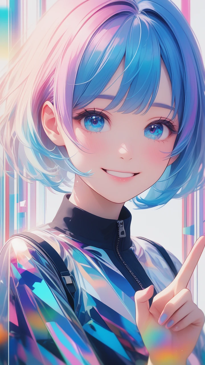 masterpiece, best quality, super wide angle, finger audience, 1girl, pink and blue hair, hand, cute anime face, tears, transparent color PVC clothing, transparent color vinyl clothing, whole body, glitchlump}onface, smile,medium hair, film grain, lens flare, colorful,chromati caberration, dynamicpov, closed mouth, Intense emotional expression:death, glitchart, ultra detailed, extremely delicate and beautiful, album cover, album, album description, Pixilation on face, Double exposure, Chromatic Aberration, Light leaks, Noise and grain, Color degradation, Glitch lettering, art, abstractart, geometry, clear lines, squares, bright, limited palette,{canonical composition}, neat diagonal striped background, {{blue with white striped background}},{limited palette}, flatvcolored,blue and white,