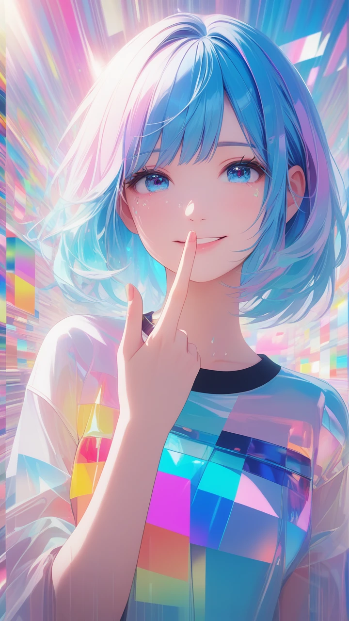 masterpiece, best quality, super wide angle, finger audience, 1girl, pink and blue hair, hand, cute anime face, tears, transparent color PVC clothing, transparent color vinyl clothing, whole body, glitchlump}onface, smile,medium hair, film grain, lens flare, colorful,chromati caberration, dynamicpov, closed mouth, Intense emotional expression:death, glitchart, ultra detailed, extremely delicate and beautiful, album cover, album, album description, Pixilation on face, Double exposure, Chromatic Aberration, Light leaks, Noise and grain, Color degradation, Glitch lettering, art, abstractart, geometry, clear lines, squares, bright, limited palette,{canonical composition}, neat diagonal striped background, {{blue with white striped background}},{limited palette}, flatvcolored,blue and white,