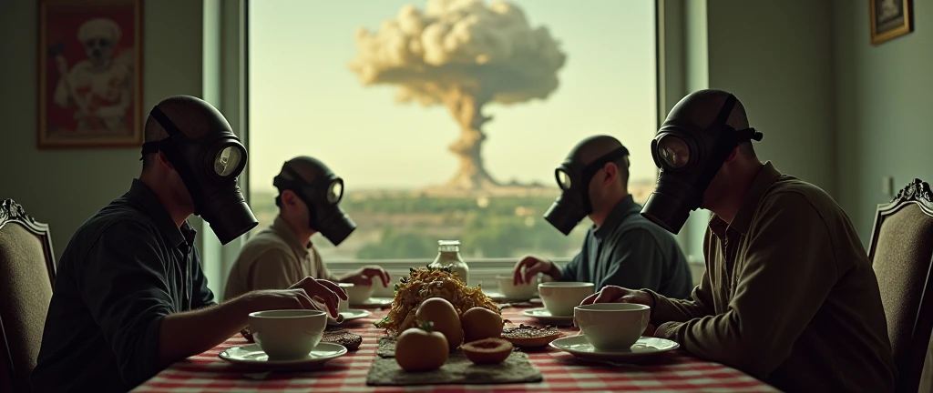 An ultra-realistic and highly detailed photograph from the 1960s. It depicts an American family having their breakfast on an ordinary day, but all are wearing gas masks due to the fear of an attack. In the background, the formation of a nuclear mushroom cloud is visible on the horizon due to the detonation of a nuclear bomb. The photograph is captured using equipment from the era. The image has a prize-winning quality and is shot with a Hasselblad 500C paired with an 80mm f/2.8 Planar lens, ensuring stunning clarity and rich details. The lighting is natural and soft, highlighting the contrast between the mundane scene and the looming disaster. The aspect ratio is 21:9, emphasizing the horizontal composition 