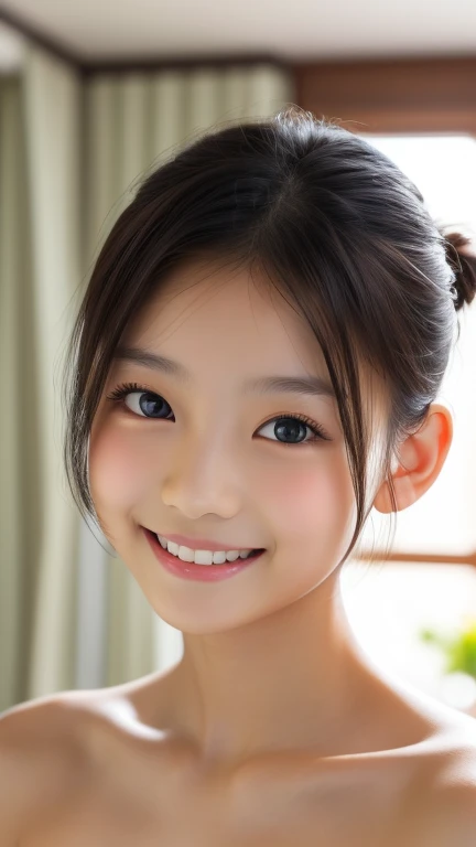 One person,Face in perfect proportions, Balanced Eyes, double eyelid,Japanese,young girl,Round face, Innocent face, smiling, close eyes, Open your mouth,Beautiful nose, Lip gloss,shoot from front,((topless)),look at a viewer,shorthair with hairbun,small and flat chest,in livingroom,daytime