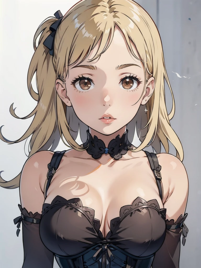 One person, alone, View your viewers, Blonde long hair, Wearing a corset, Big Ass, Brown eyes, Upper Body, Gray background, Normal boobs, lips, Realistic, A konigsreuter