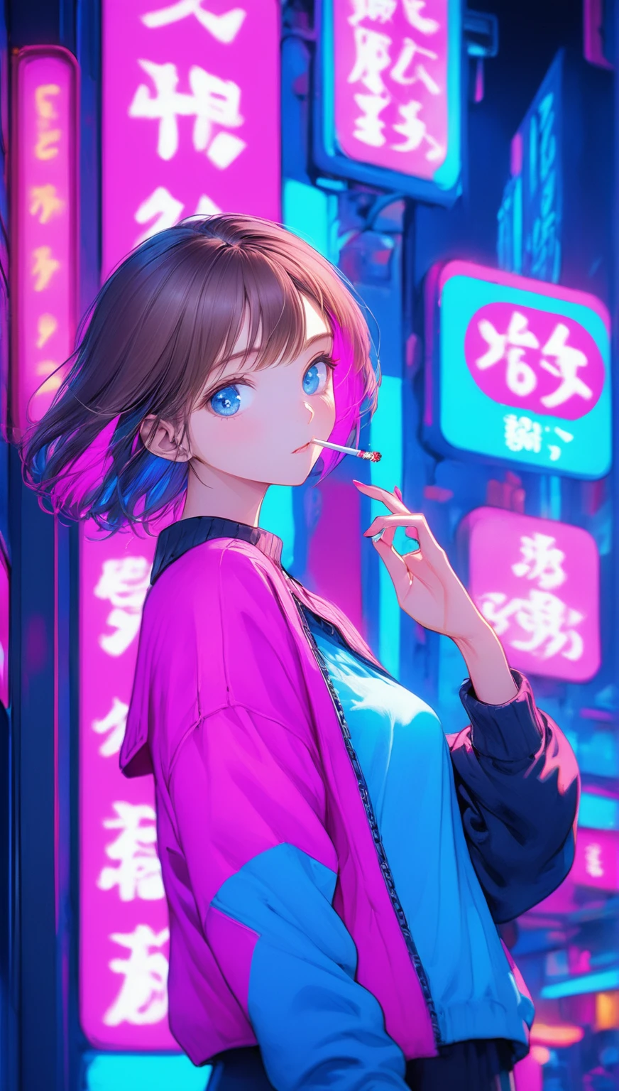 ((Highest quality,8k,32K,masterpiece,Ultra-high resolution :1.2 ),born,One person,Super cute,Natural light,Clear, shining eyes,20-year-old,Fair skin,Fantastic night city electronic world fantasy background,Brown Hair,Mature woman,Smoking a cigarette,liquor,bar,Shortcuts, Neon signboard, Fluorescent pink and fluorescent blue background