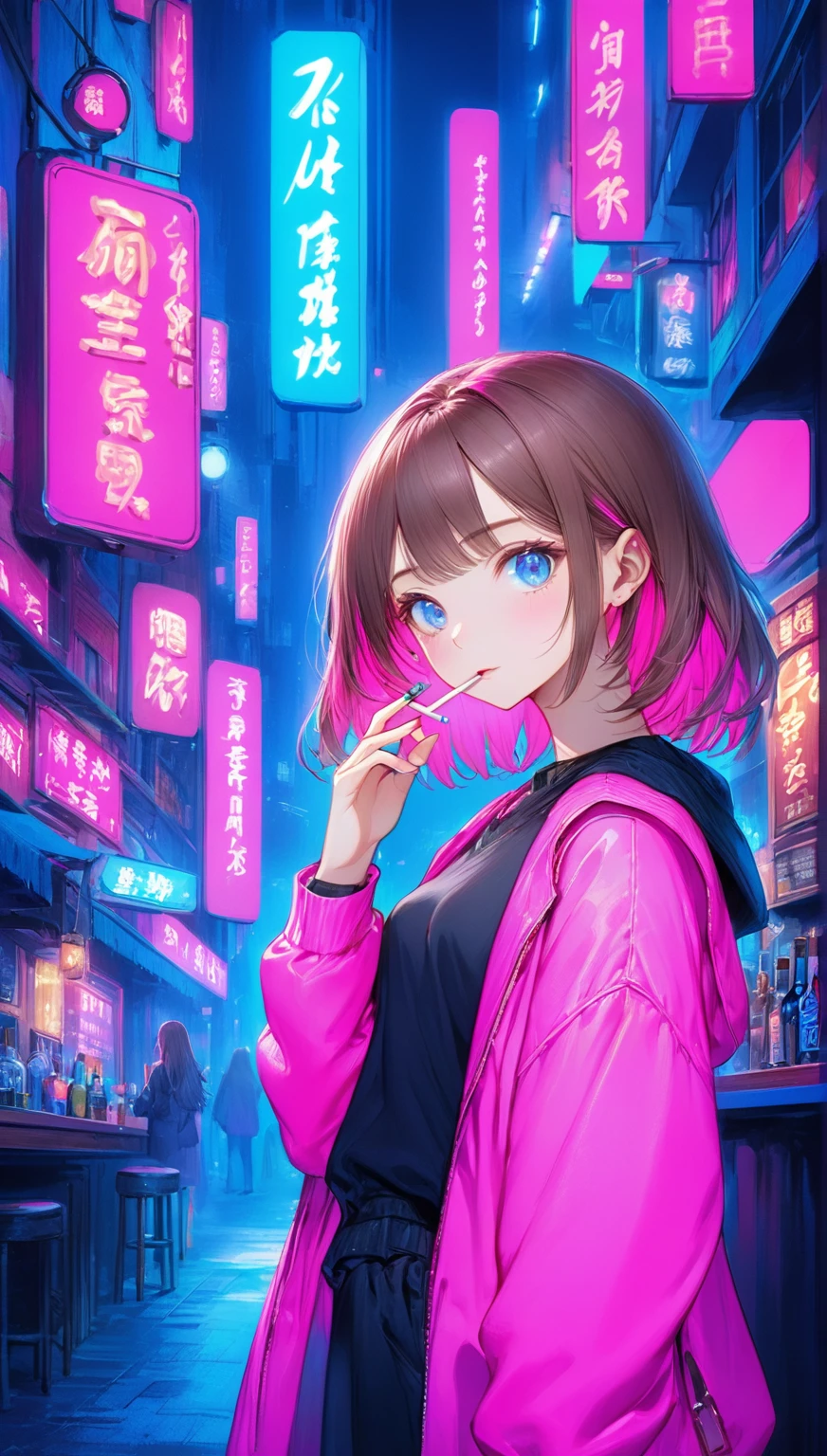 ((Highest quality,8k,32K,masterpiece,Ultra-high resolution :1.2 ),born,One person,Super cute,Natural light,Clear, shining eyes,20-year-old,Fair skin,Fantastic night city electronic world fantasy background,Brown Hair,Mature woman,Smoking a cigarette,liquor,bar,Shortcuts, Neon signboard, Fluorescent pink and fluorescent blue background