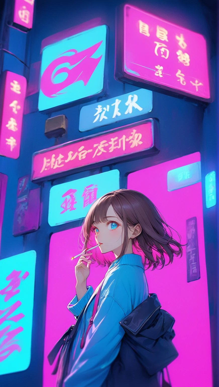 ((Highest quality,8k,32K,masterpiece,Ultra-high resolution :1.2 ),born,One person,Super cute,Natural light,Clear, shining eyes,20-year-old,Fair skin,Fantastic night city electronic world fantasy background,Brown Hair,Mature woman,Smoking a cigarette,liquor,bar,Shortcuts, Neon signboard, Fluorescent pink and fluorescent blue background