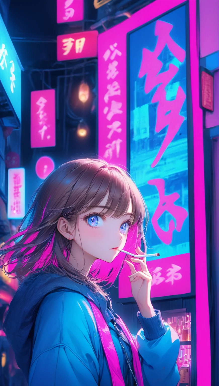 ((Highest quality,8k,32K,masterpiece,Ultra-high resolution :1.2 ),born,One person,Super cute,Natural light,Clear, shining eyes,20-year-old,Fair skin,Fantastic night city electronic world fantasy background,Brown Hair,Mature woman,Smoking a cigarette,liquor,bar,Shortcuts, Neon signboard, Fluorescent pink and fluorescent blue background