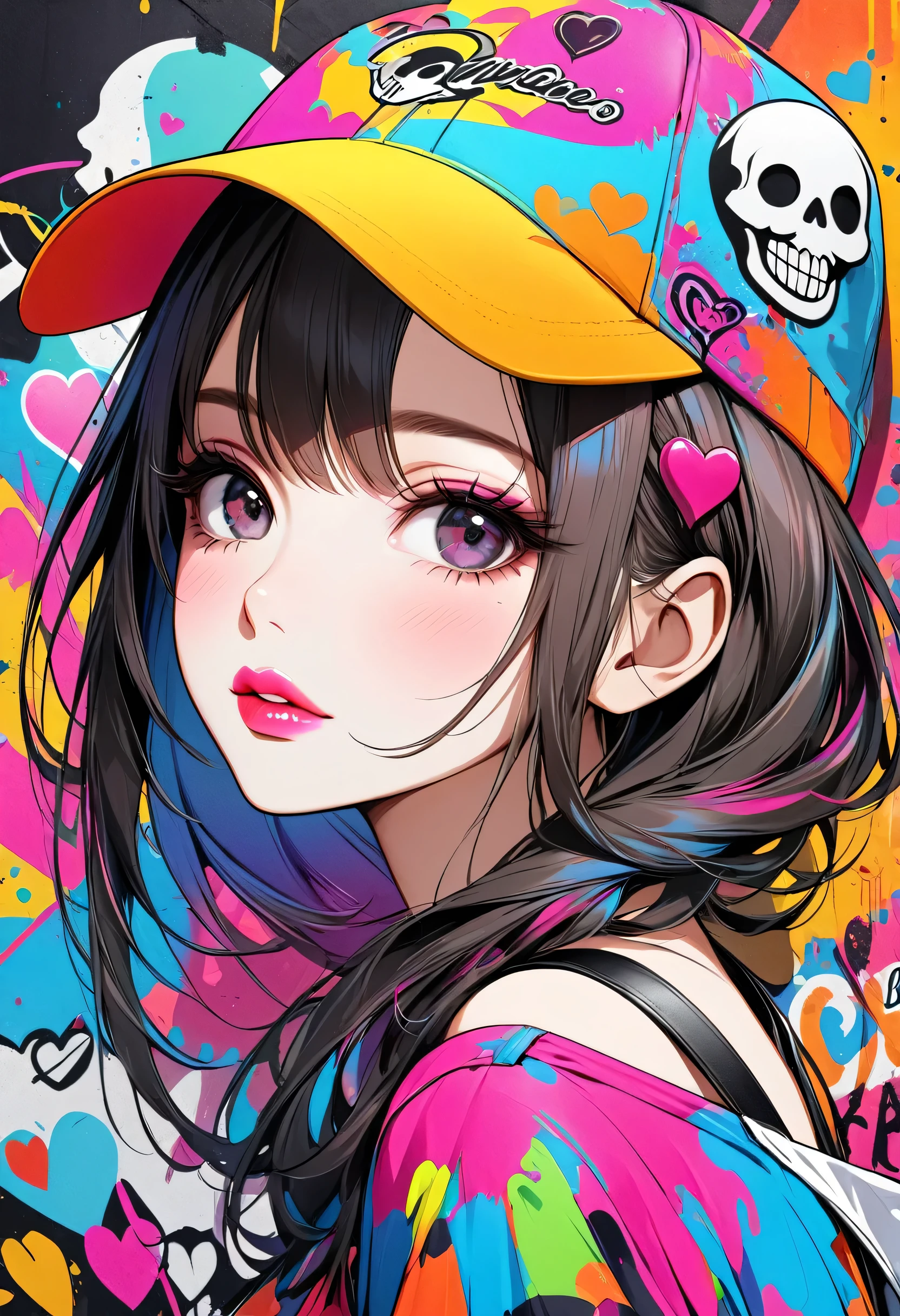 Ultra-realism Micho colorful style, Simple Line Initialism,Abstract art,(((The most beautiful girl of all time))), Sweet face. Lips in love, colorful hearts, stylish design, Summer Skull fashion, Dark Eyes, The background is filled with colorful graffiti.
