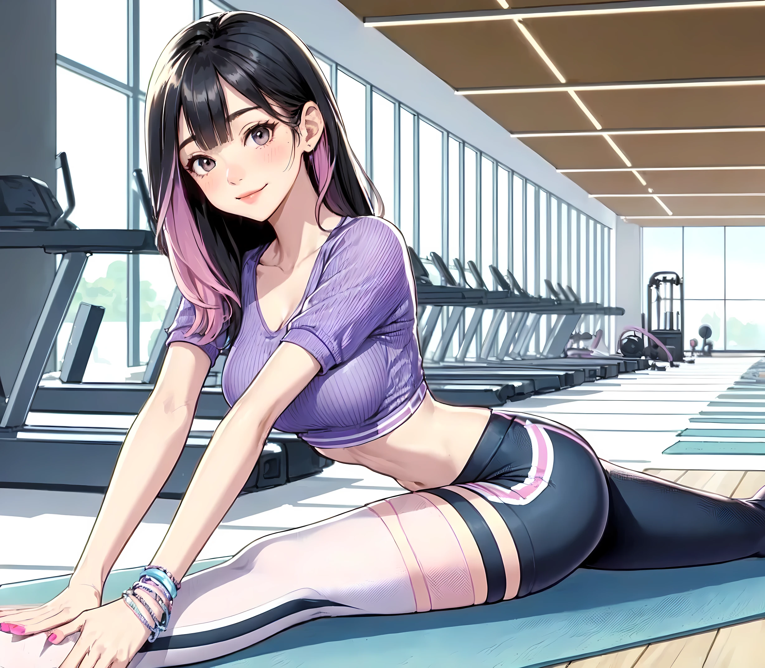 1lady solo, (stretching on yoga mat:1.2) (flexible posing), (stylish gym outfit) (cropped top) (yoga pants), mature female, /(black hair/) bangs (ombre gradient hair), blush kind smile, (masterpiece best quality:1.2) delicate illustration ultra-detailed, large breasts BREAK (fitness gym) indoors, various fitness equipment, energetic, detailed background