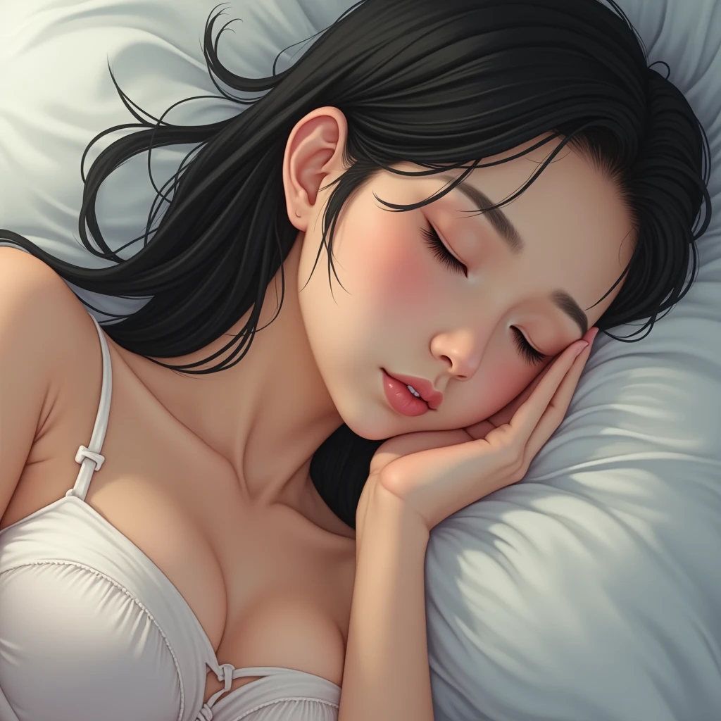 ((Peeping Tom's Point of View)) Beautiful and young.Her facial features are exquisite、It fits perfectly into the golden ratio of the human body.。..She is wearing thin white silk underwear..Lie on your side in a natural, relaxed position on your bed.Her beautiful figure looms.Her long, Her black hair was spread out on the pillow..She was very relaxed and slept sweetly..