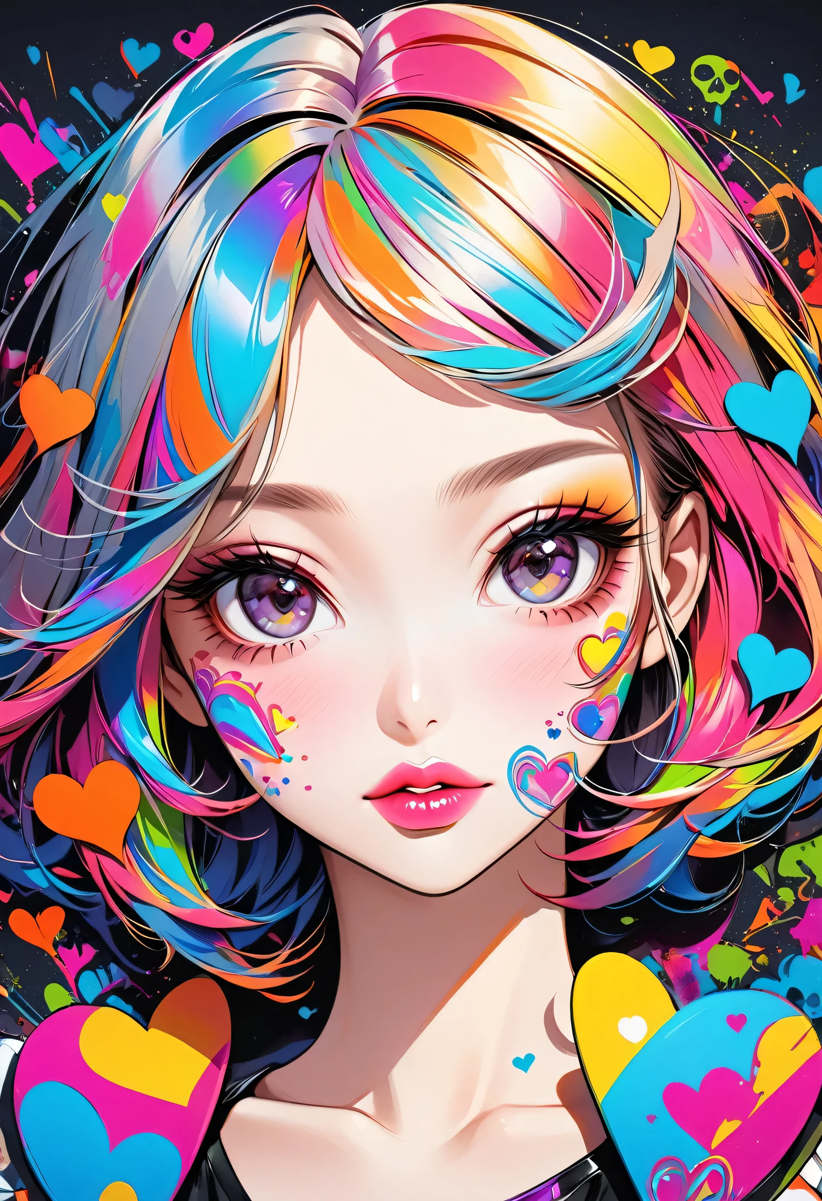 Ultra-realism Micho colorful style, Simple Line Initialism，Abstract art，(((The most beautiful girl of all time))), Sweet face. Lips in love, colorful hearts, stylish design, Summer Skull fashion, Dark Eyes, The background is filled with colorful graffiti.
