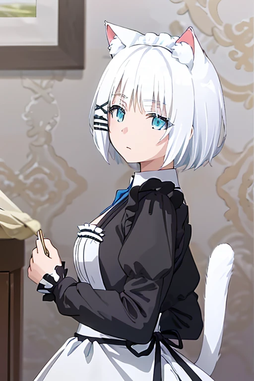 masterpiece, best quality, high quality, highres, official art, explicit, extremely detailed, ultra detailed, absurdres, very aesthetic, perfect composition, (from side), (siesta, blue eyes, short hair, white hair, hairclip, x hair ornament, bangs), bedroom, (cat tail, cat ear:1.2), (maid dress, maid)