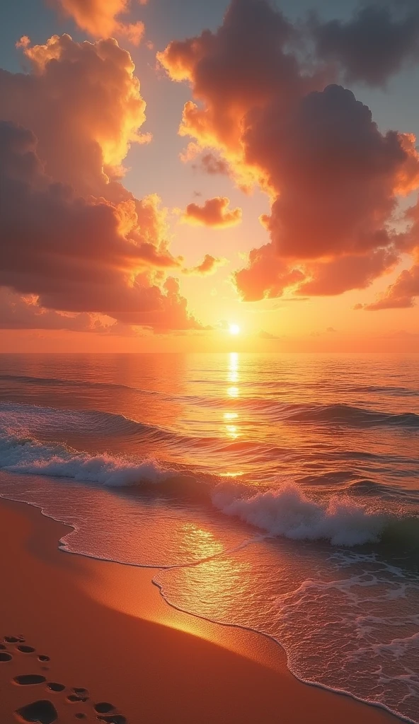 Masterpiece, great composition, cinematic light, emotional sea view, sunset, sunset on the sea, orange clouds, rippling waves, sandy beach, gentle breeze.