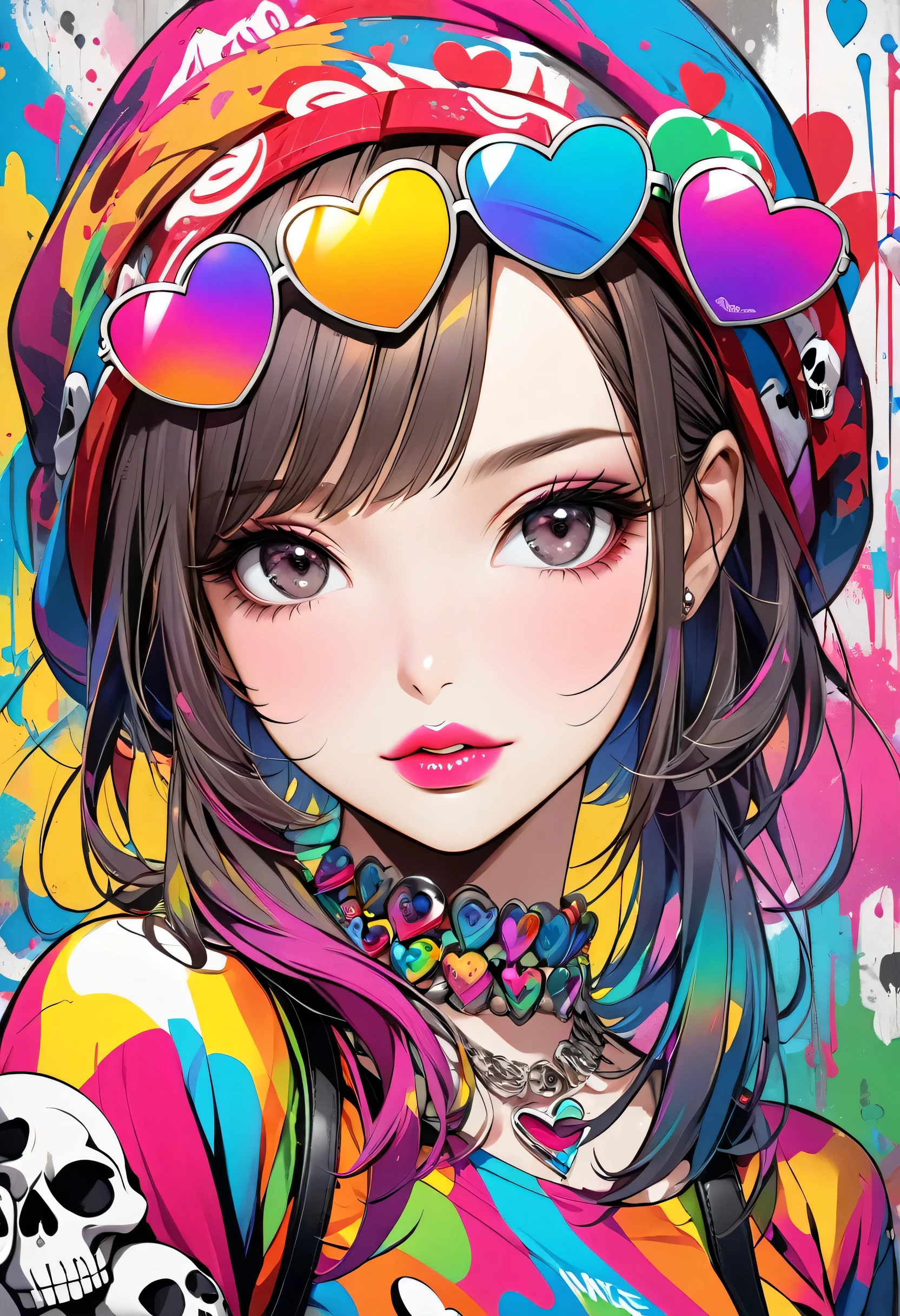 Ultra-realism Micho colorful style, Simple Line Initialism,Abstract art,(((The most beautiful girl of all time))), Sweet face. Lips in love, colorful hearts, stylish design, Summer Skull fashion, Dark Eyes, The background is filled with colorful graffiti.