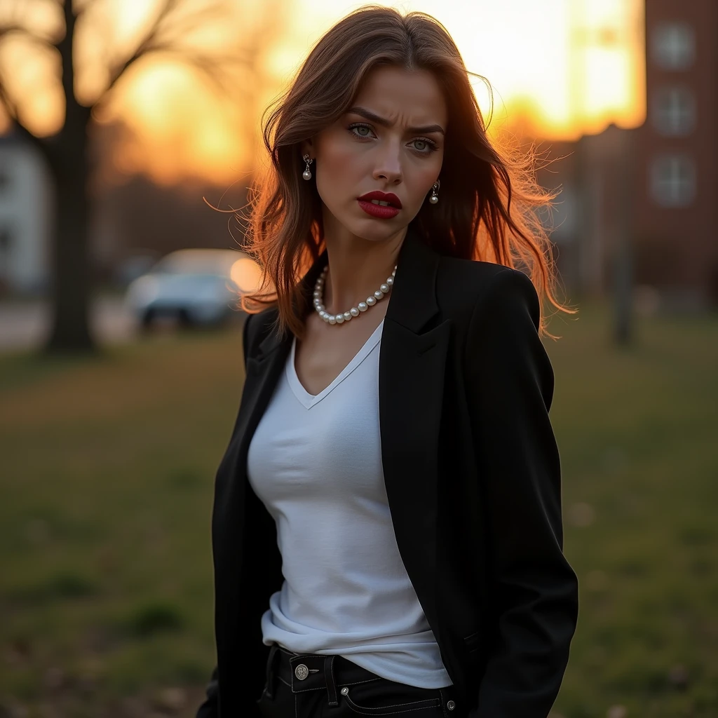 color digital photograph of Lucie Prochazka a woman from czech republic wearing (a black blazer), (a white t-shirt), (black skinny jeans), (black ankle boots), (pearl earrings), (red lipstick), and Slingbacks shoes shot on Nikon Z9 by Denis Karasev, 26 years old, tiny figure, promoting body positivity, small breasts, feeling (feeling Hate, Intense, Hostile, Aversion, Anger, Resentment, Disgust, Animosity, Hostility, Loathing, Malice, face: Scowl, Frown, Glare, Narrowed Eyes, Sneer, Lip Curl, Tense Jaw, Raised Eyebrows, Cold Stare, Contempt), at golden hour,full body, masterpiece, natural lighting, (outdoor setting:1.2), warm tones, side lighting, natural skin details, 4k, UHD, masterpiece, detailed eyes, detailed face, detailed skin, perfect hands, perfect feets, photo, high skin detail, moles, imperfect skin, ultra realism, RAW photo, subsurface scattering