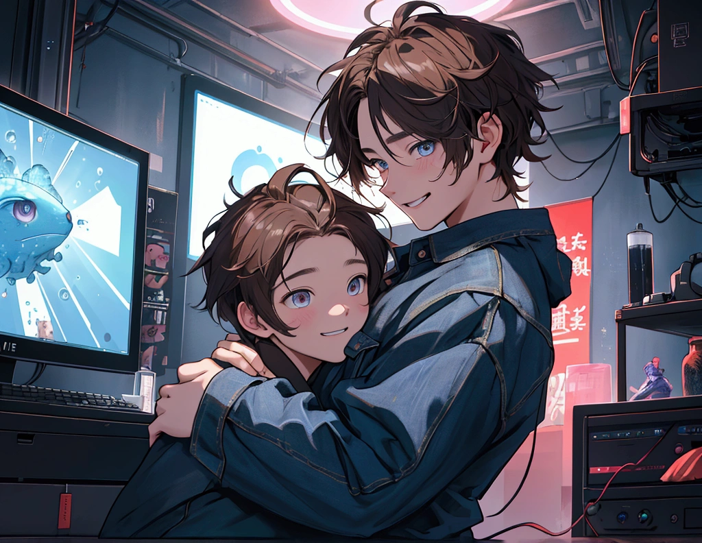 This is a high-quality 4K masterpiece CG image featuring highly detailed and intricate designs.。Intricate details、1:A boy with a guitar(Brown Hair、Messy hair all over the body、),Super delicate eyes,Jeans top and bottoms,(In the center is a boy with a grinning face)、1:An anthropomorphic particle AI next to a boy,(Anthropomorphized AI、Hugging from behind)Background is in neon pop abstract art style、1:Computer room,Cinema Lighting、A lot of bubbles flowing in detail、It features slowly moving notes。The whole is surrounded by ultra-fine particles.、Focus on happiness and dynamic background elements、It's a vivid and complex image.。