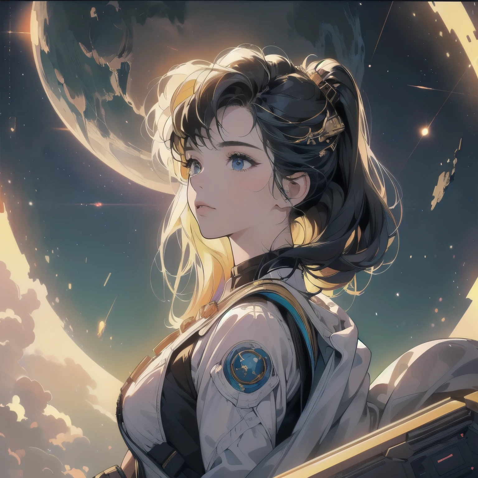 (((Masterpiece, top quality))), (((32K wallpaper))), ultra high resolution, (((close-up))), gorgeous light leak, (((backlit))), highly detailed background, One beautiful woman, inside a spaceship, perfect machine, spacesuit, perfect face, outer space, witchboard, perfect and detailed machine, detailed hair, (((Various angles))), pit, upper body shot, head shot , top quality, (((Various unique hairstyles))) Long shot, panorama,(((Various hair color))), Outer space in the background, Pale Lighting, shoot from above, (((Ultra-detailed golden futuristic hair ornament)))、(((カメラを見る)))、black hair