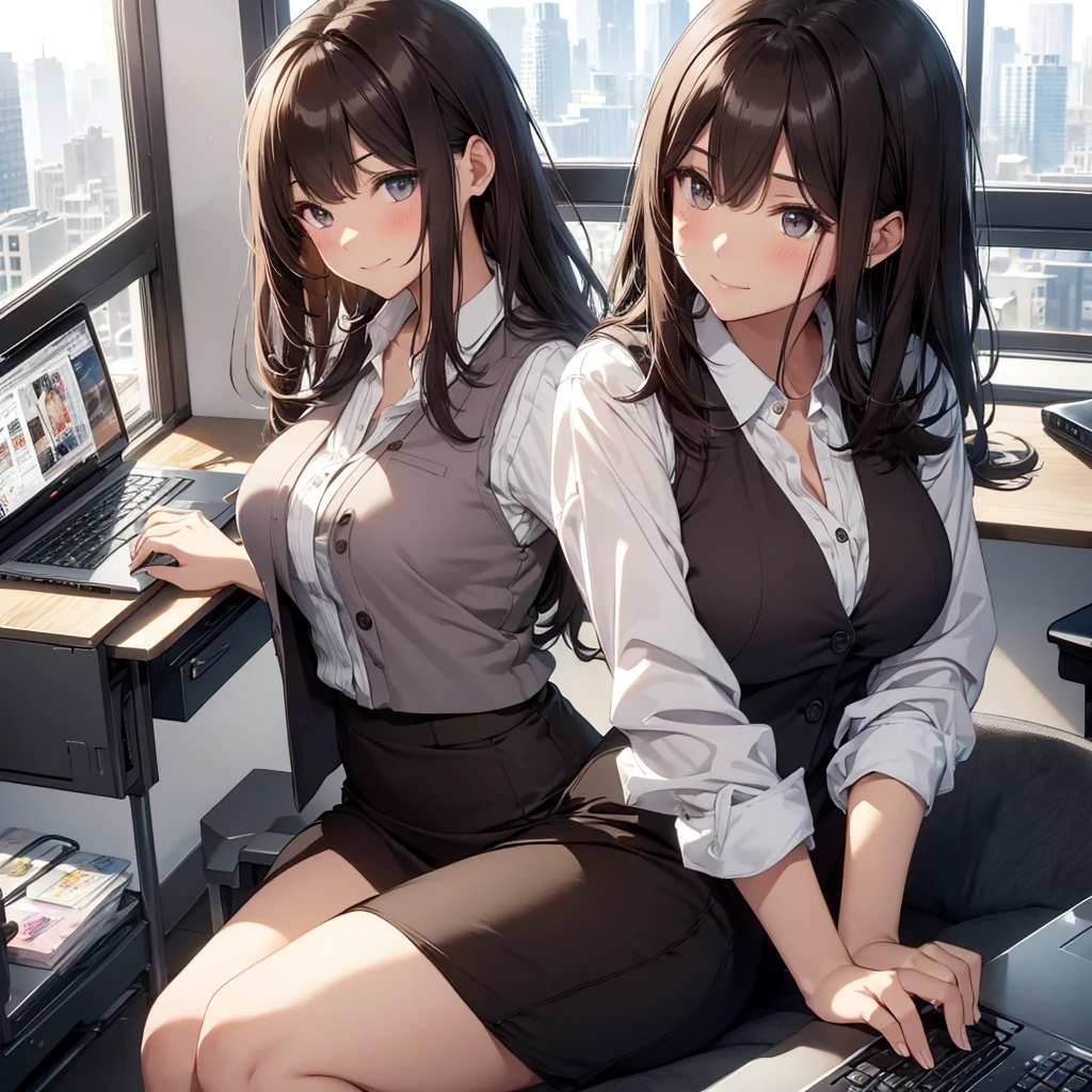 The heat doesn't change even after the sun goes down... I tried to revive a junk PC for the first time in a while, but it didn't work this time. There are days like this...pantyshot, long brown hair, office lady, 1lady sitting (crossed legs), office worker (stylish outfit), (gray vest) (pencil skirt), mature female, /(dark brown hair/) bangs, blush kind smile, (masterpiece best quality:1.2) delicate illustration ultra-detailed, large breasts, pantyhose BREAK (modern office indoors), window cityscape, detailed background