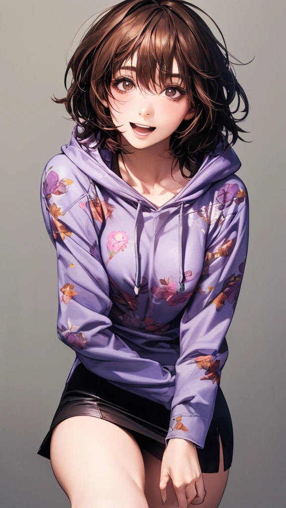 (masterpiece:1.2, Highest quality), (Realistic, photoRealistic:1.4), Beautiful illustrations, (Natural Side Lighting, Cinema Lighting), Browsing Caution,
View your viewers, Face Focus, Upper Body, 1 person, Japanese, high school girl, Perfect Face, Cute and symmetrical face, Glowing Skin,
(short hair:1.2, Messy Hair:1.2, Gray brown hair), Hair between the eyes, Chestnut brown eyes, Slanted Eyes, Long eyelashes, (Medium chest), thin,
Beautiful Hair, Beautiful Face, Beautiful attention to detail, Beautiful clavicle, Beautiful body, Beautiful breasts, Beautiful thighs, Beautiful feet, Beautiful fingers,
((Detailed cloth texture, Long sleeve white hoodie, Purple cat print shirt, Black mini skirt)),
(Pure white wall background)、 walk, (Cute smile, Open your mouth),