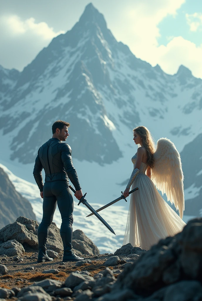 A man wearing superhero's uniform and holding a sword in his hand, looking from the back and with him is a woman holding a sword and wings, both of them are standing facing each other on the rock between the mountains, photo at an angle of 16:9