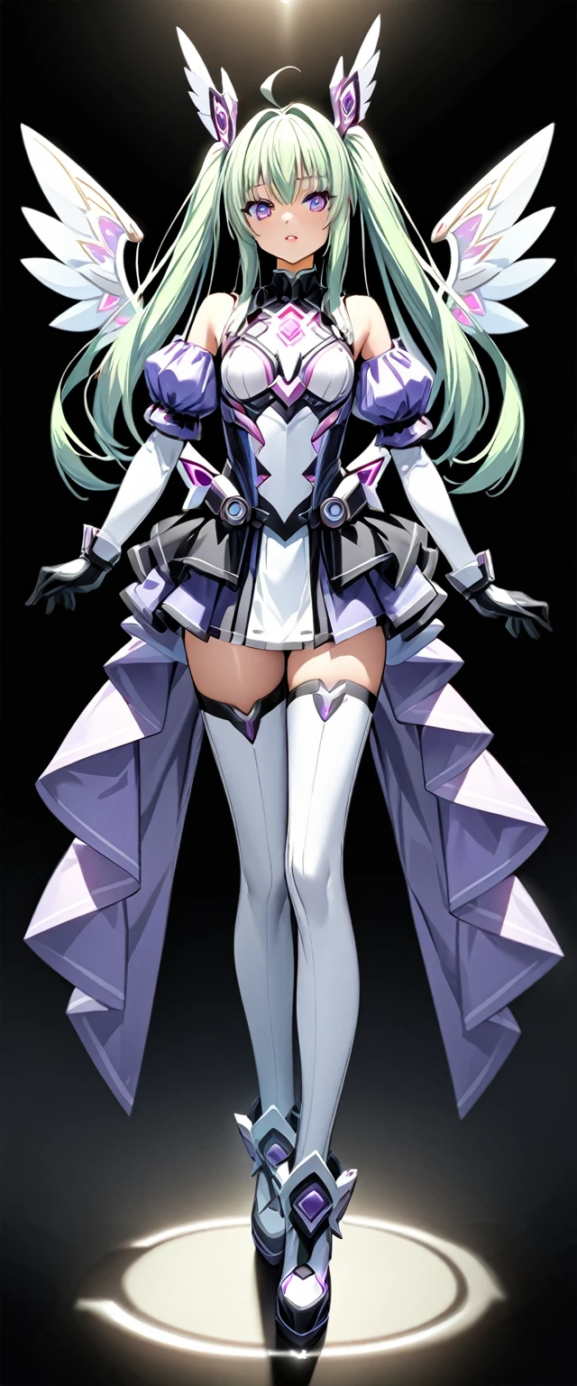 (Perfect Anatomy)、Mastepiece、Ultra High Quality、 8k、masterpiece、Highest quality、Ultra-high resolution、Maximum resolution、Very detailed、Professional Lighting、anime、woman、thin、Very beautiful face、Beautiful eyes、(Highly detailed eye)、Highly detailed face、Extia Flora、White and purple enamel high leg leotard、Purple Mini Skirt、White thigh-high boots、Purple pattern、White decoration、Cyber Headgear、Shoulders show skin、Green Hair、long hair、Twin tails、Purple Eyes、Dairy-free、Pink Lips、White cloak、(((Wings that shine light green around the waist))), white long gloves, contouring, makeup, eyeliner, eye shadow, pink cheek, pink lips, full body