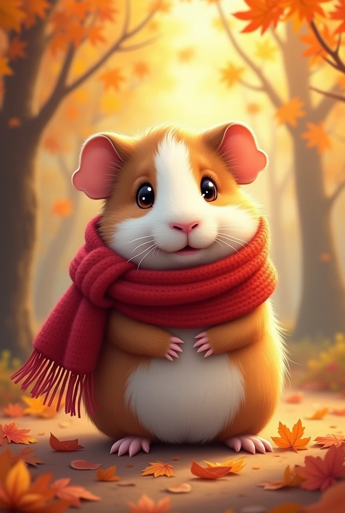 A guinea pig in autumn with a red scarf