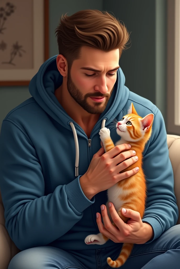 Ek handsome man jiski thodi dadi h or usne ek blue hoodie pehan h or blue jeans pehan h jo ek ginger kitten ko bori me salte huye