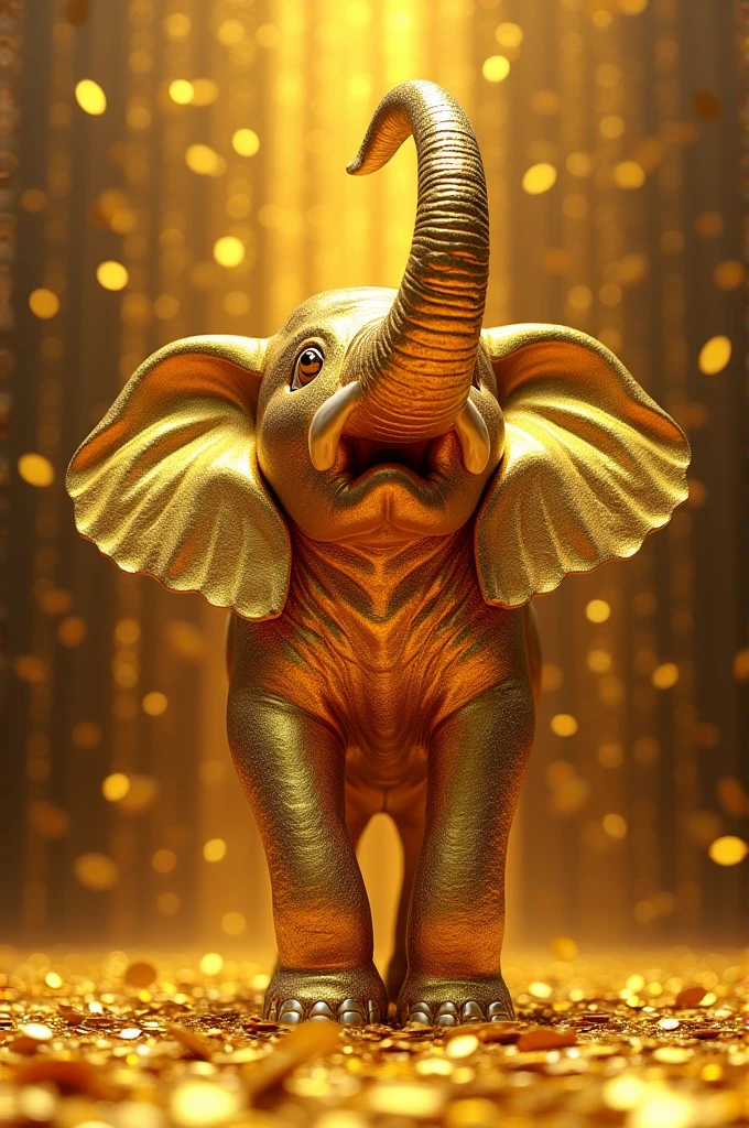 Golden elephant with its trunk raised, in golden color with a rain of gold coins
