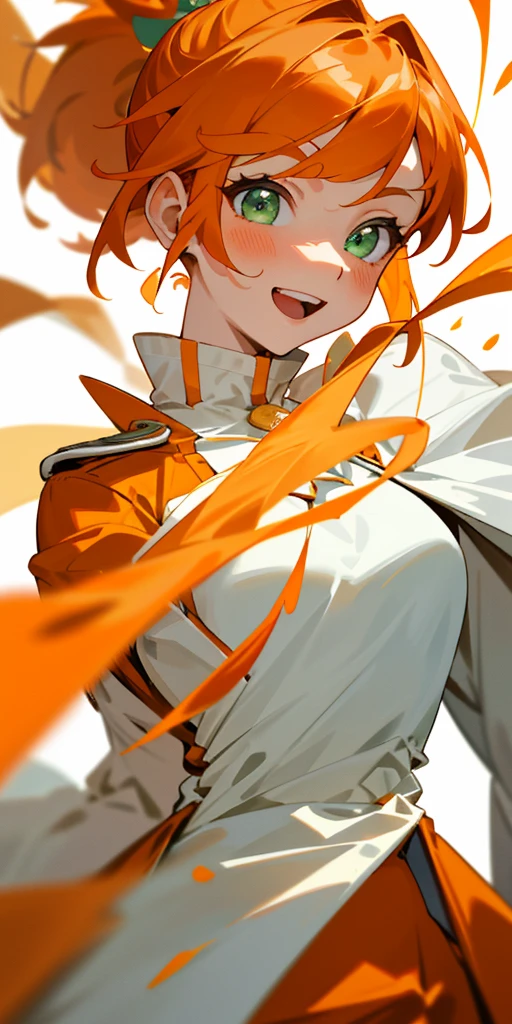 1 person、One person、An orange outfit that reveals the figure clearly、Orange Hair、ponytail、Beautiful green eyes、A face beaming with intense joy、A white coat adorned with golden decorations、Upper body close-up