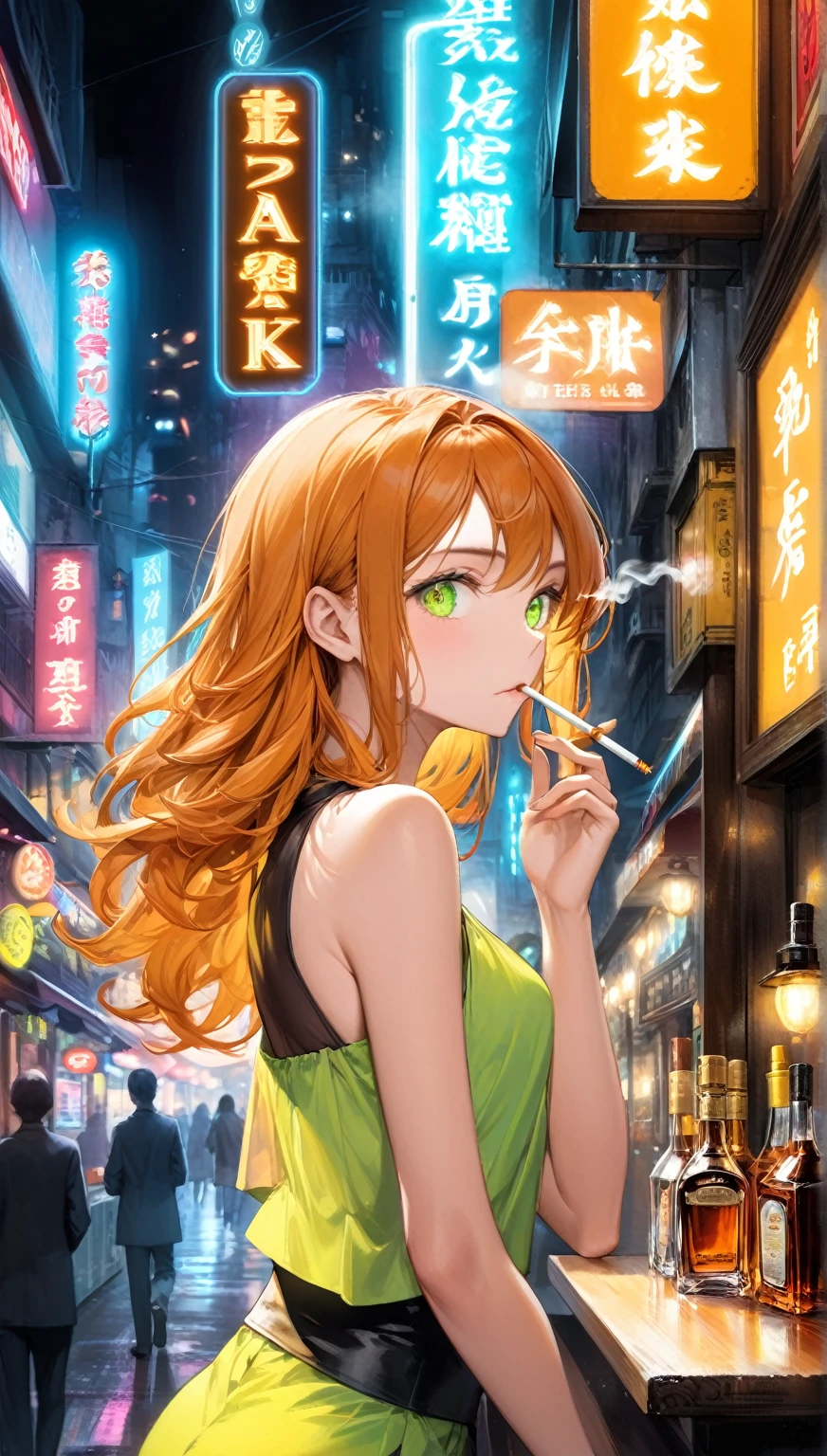 ((Highest quality,8k,32K,masterpiece,Ultra-high resolution :1.2 ),born,One person,Super cute,Natural light,Clear, shining eyes,20-year-old,Fair skin,Fantastic night city electronic world fantasy background,Orange Hair,Mature woman,Smoking a cigarette,liquor,bar,Shortcuts, Neon signboard, Fluorescent green or fluorescent orange background,Long Hair, Curled hair